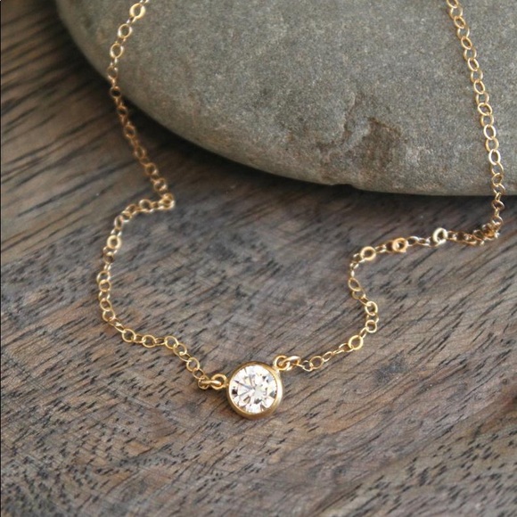 Dainty 14k Gold Solo CZ Diamond Necklace - Picture 2 of 7